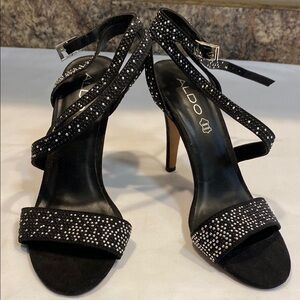 Aldo Black Strappy Heels with Rhinestones size 8